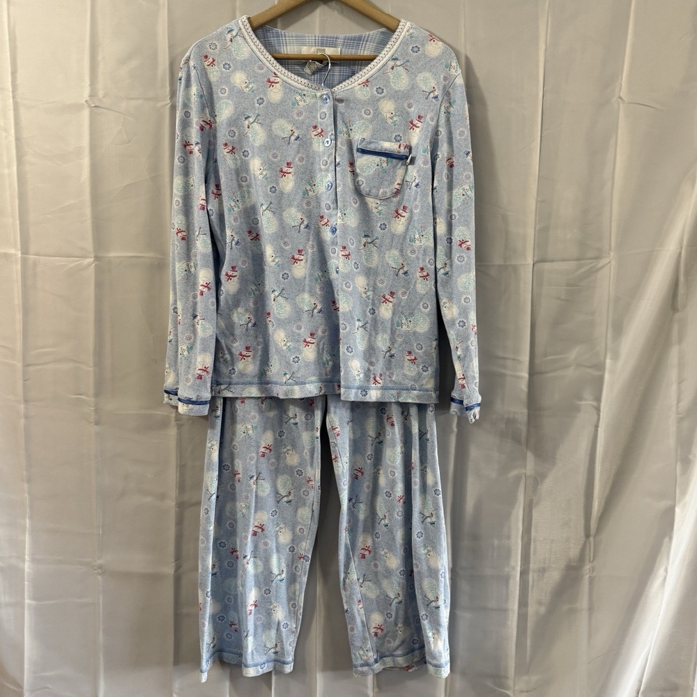 Karen Neuburger Womens L Pajama Set Blue Snowmen Sleep Pants Modest Pjs Lounge
